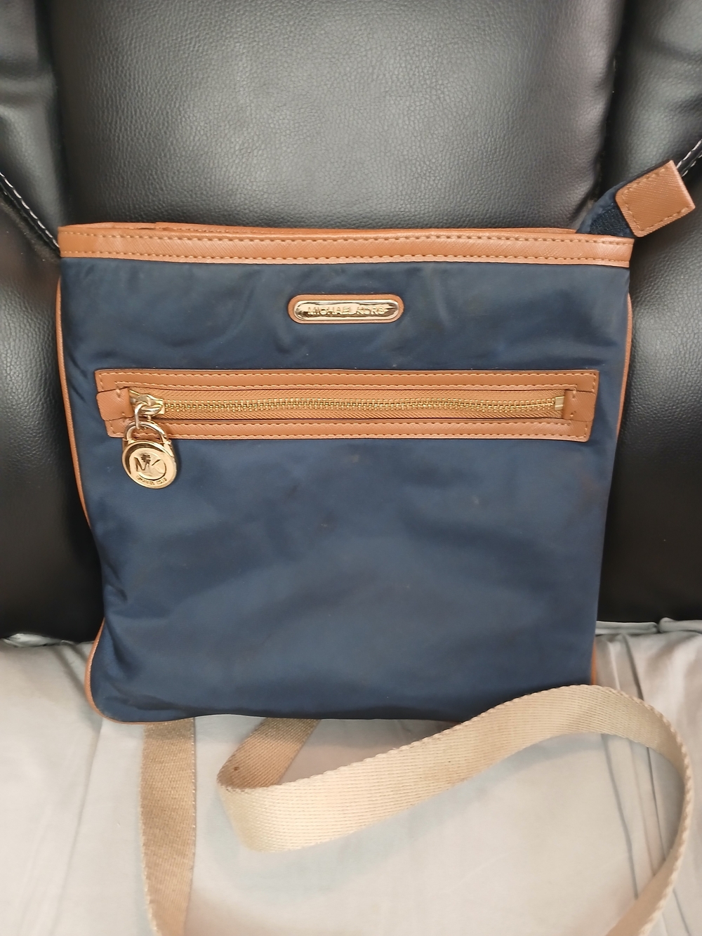 Michael Kors Navy Nylon Crossbody with Brown Trim